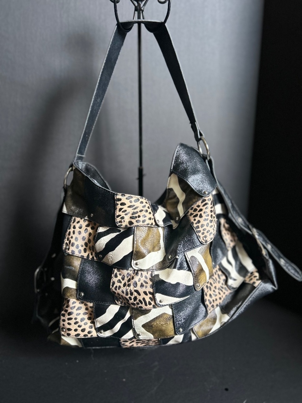 Animal Print Woven Shoulder Bag Black Beige Brown White Zip Inner Pockets Buckle